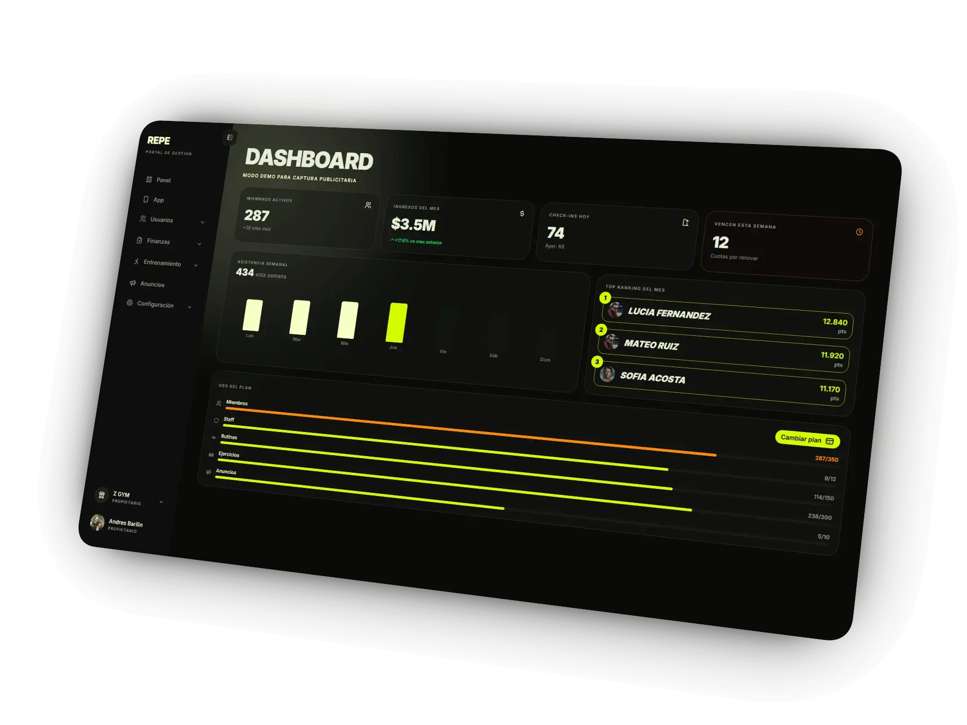 Dashboard de gestión de gimnasio con analíticas y app móvil